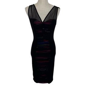 Size 2 cache dress with mesh and colorful pattern. Black midi dress.